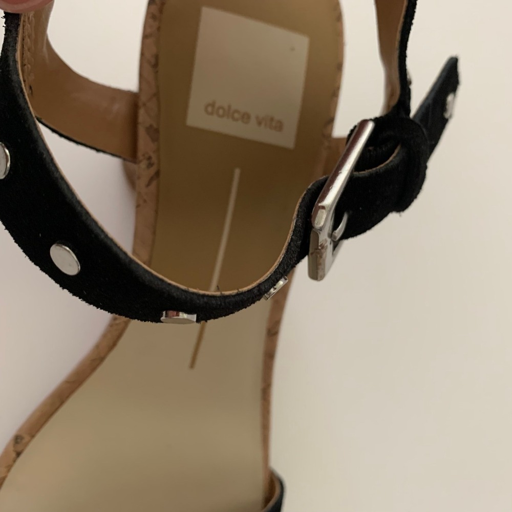 New Dolce Vita Jalina Studded Black Suede Leather Sandals Round Cork Heel 6 - Picture 9 of 12